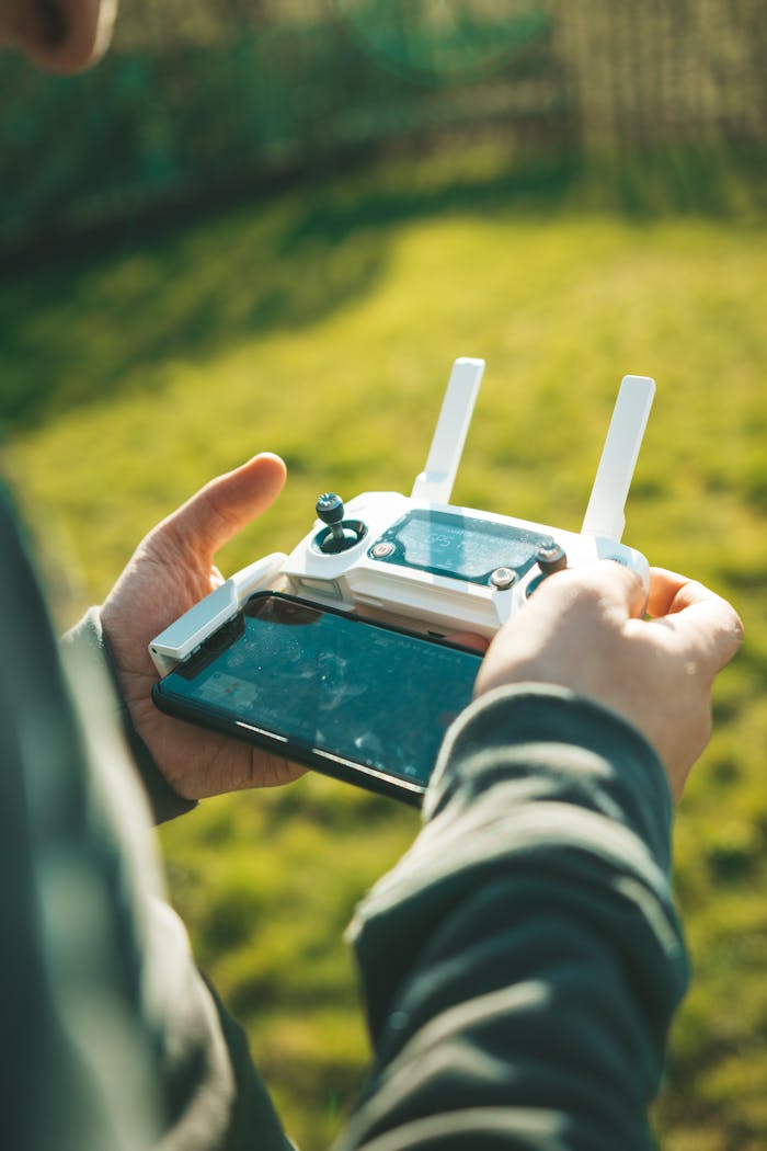 Close-up of hands holding a drone controller in a sunny outdoor setting.